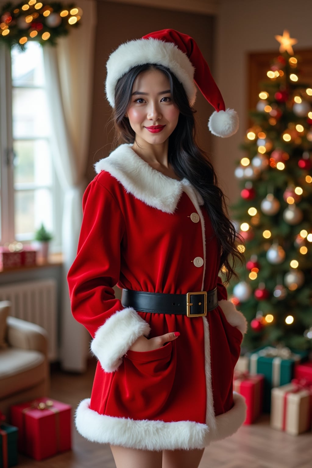 A woman dressed in a classic Santa costume, standing in a room filled with holiday decorations, presents, and a Christmas tree.