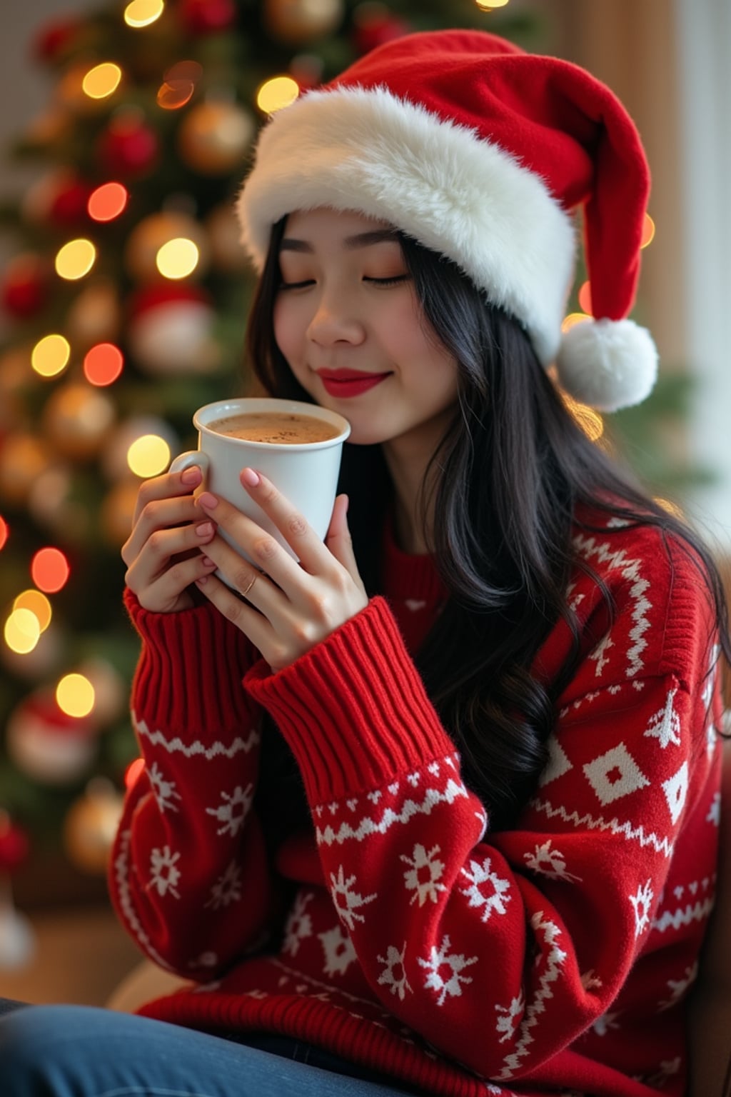 A woman wearing Christmas sweaters and Santa hats, enjoying hot cocoa in front of a decorated Christmas tree.