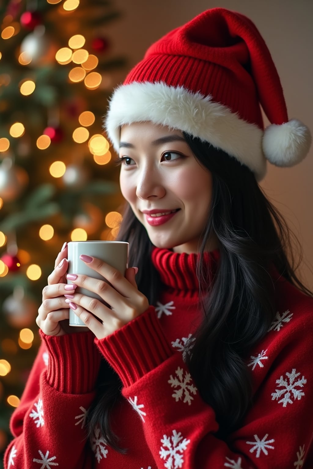 A woman wearing Christmas sweaters and Santa hats, enjoying hot cocoa in front of a decorated Christmas tree.