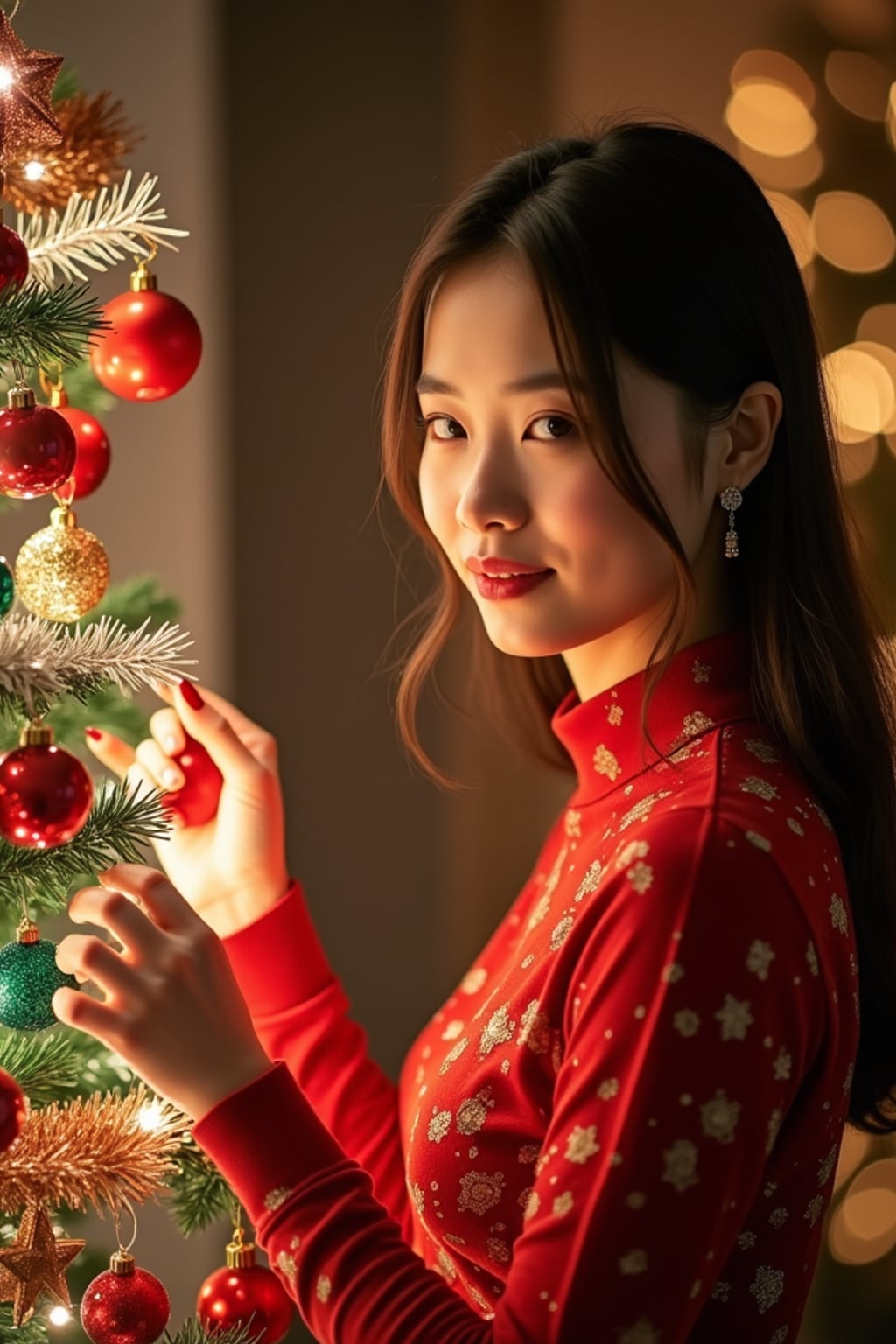 A woman decorating a Christmas tree with colorful ornaments and tinsel, in a warm, festive setting.