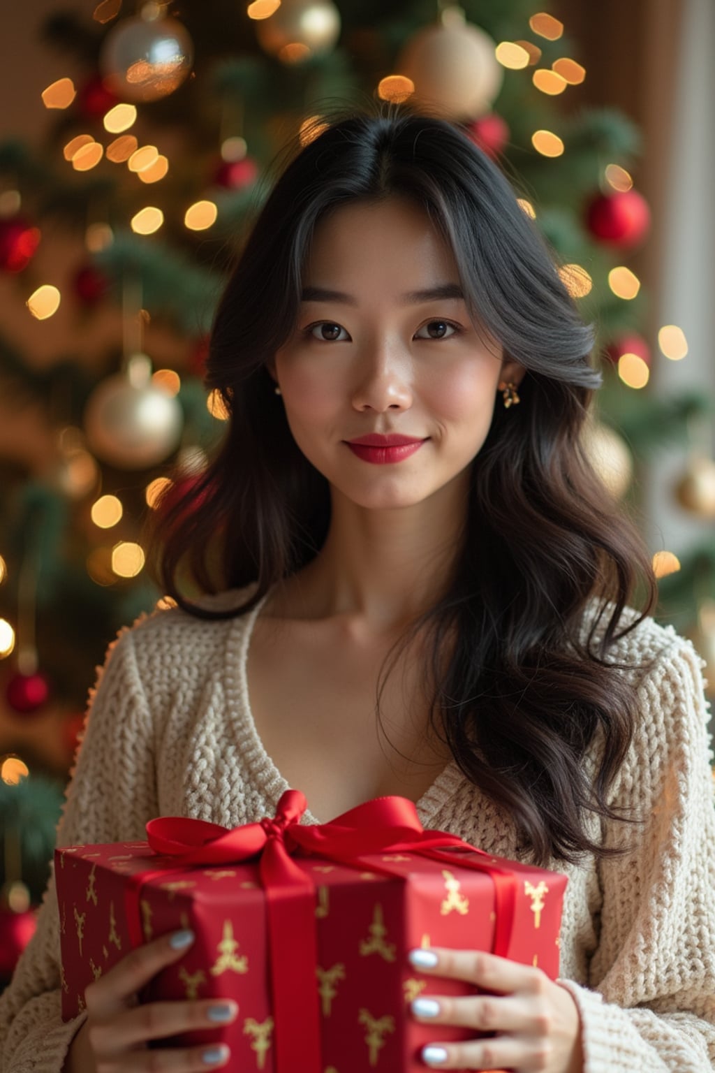 A woman posing in front of a Christmas tree, holding presents, with snowflakes and festive lights in the background.