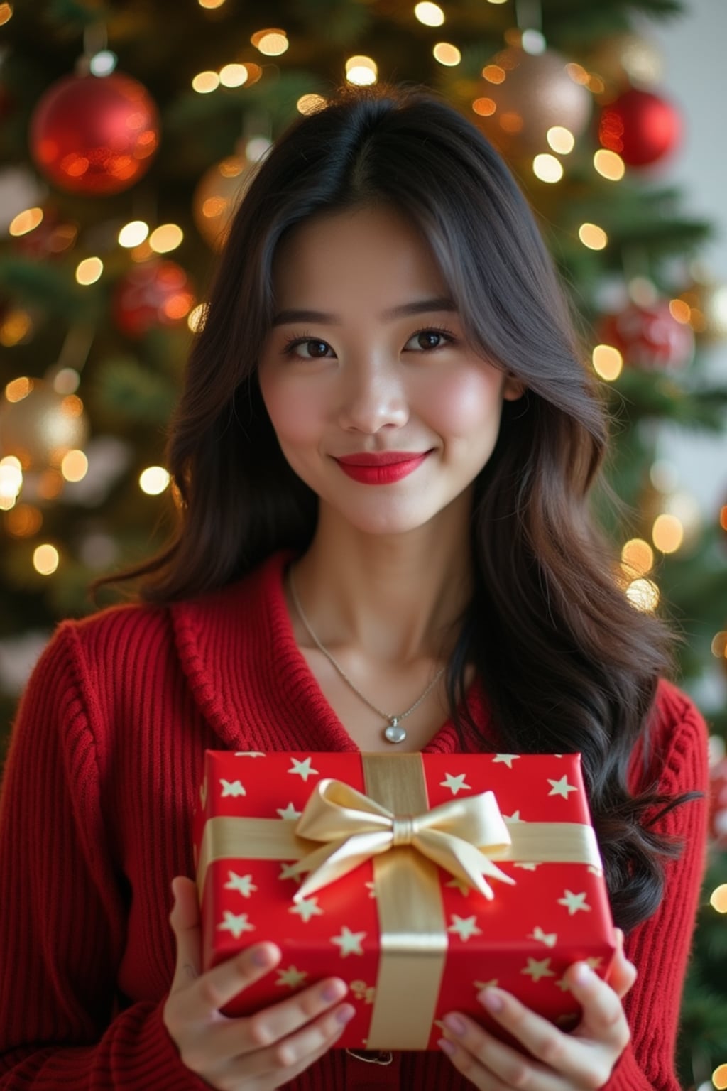 A woman posing in front of a Christmas tree, holding presents, with snowflakes and festive lights in the background.