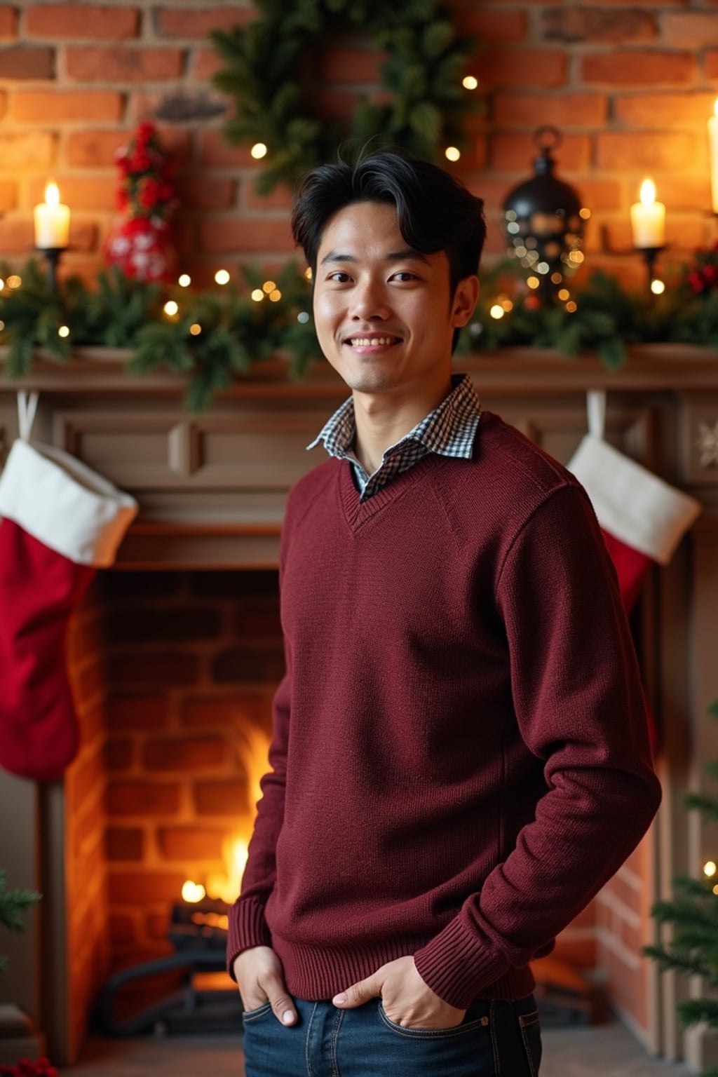 A man posing for a Christmas card photo, standing in front of a fireplace with stockings, garland, and holiday decorations.