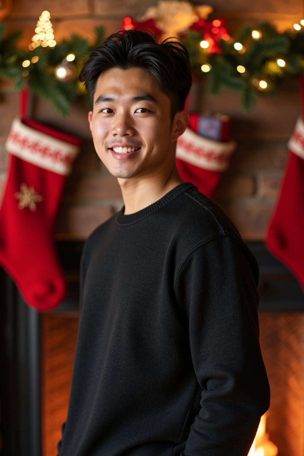 A man posing for a Christmas card photo, standing in front of a fireplace with stockings, garland, and holiday decorations.