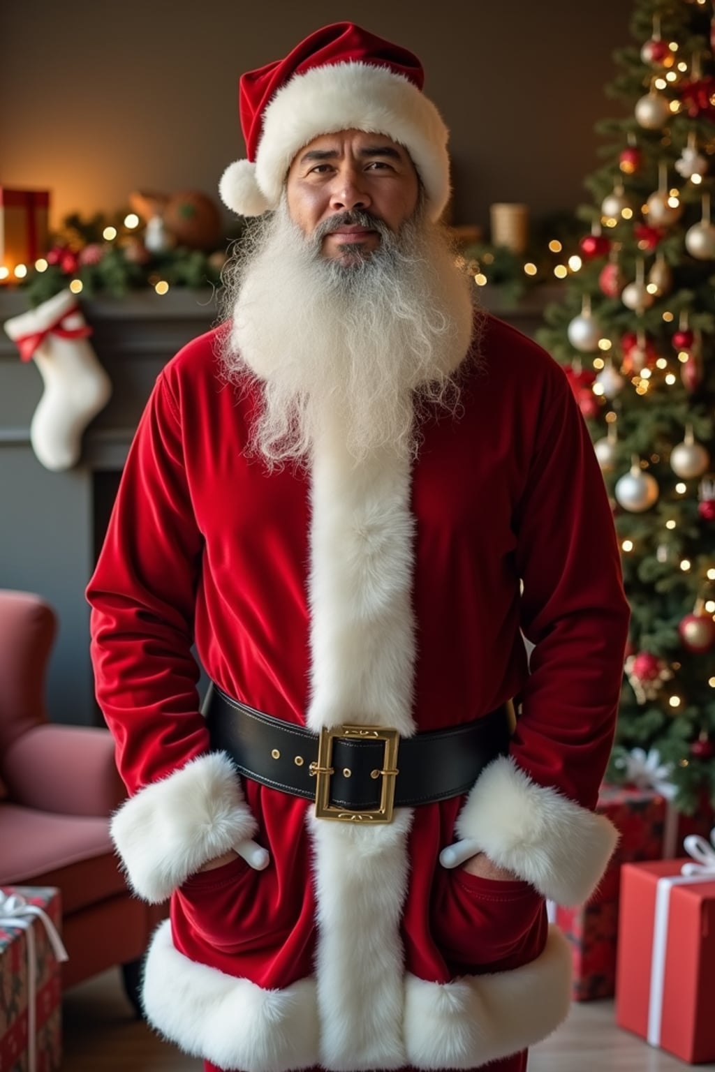 A man dressed in a classic Santa costume, standing in a room filled with holiday decorations, presents, and a Christmas tree.