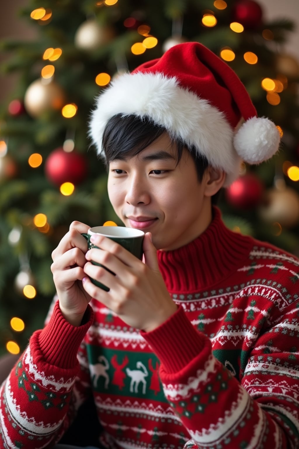 A man wearing Christmas sweaters and Santa hats, enjoying hot cocoa in front of a decorated Christmas tree.