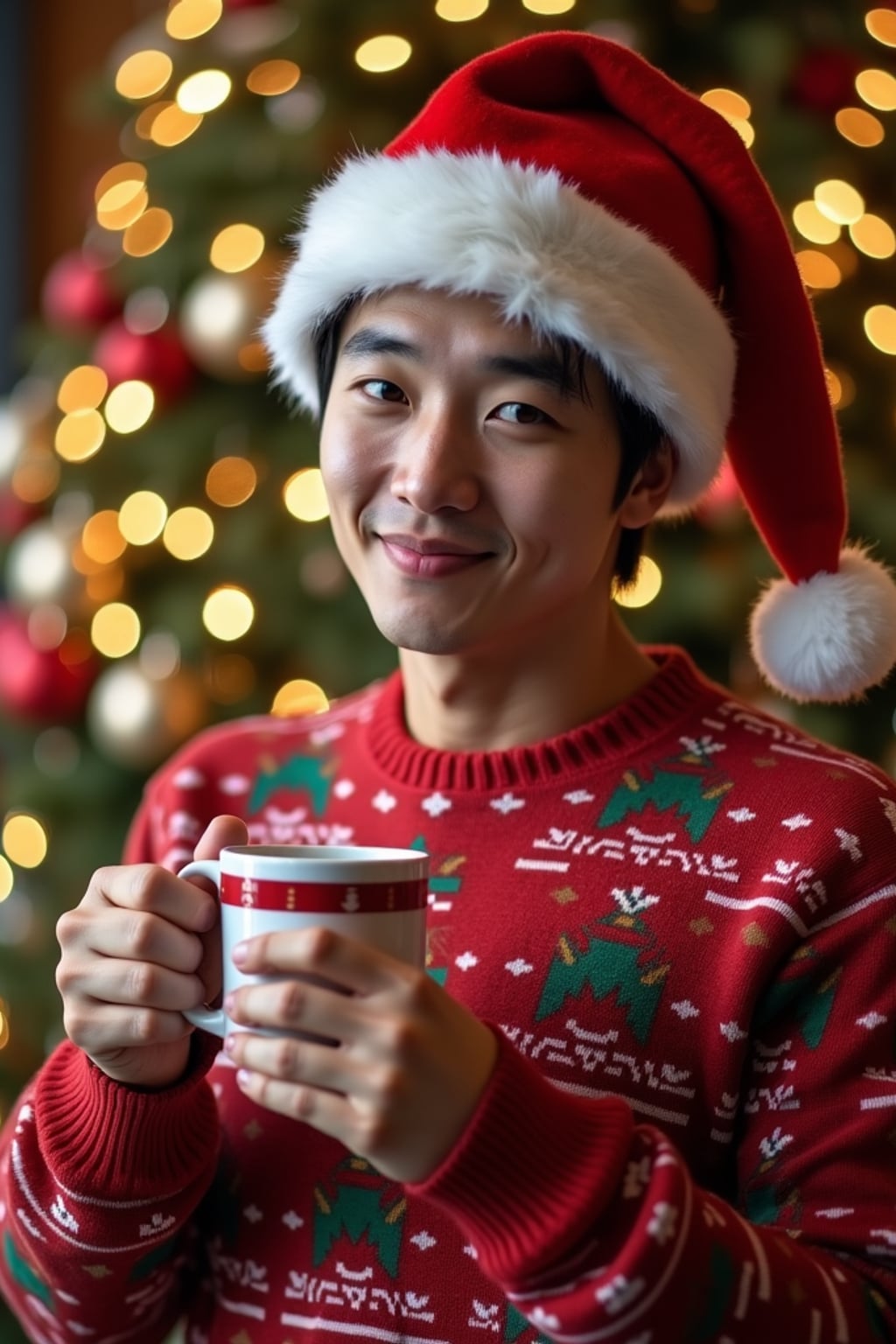 A man wearing Christmas sweaters and Santa hats, enjoying hot cocoa in front of a decorated Christmas tree.