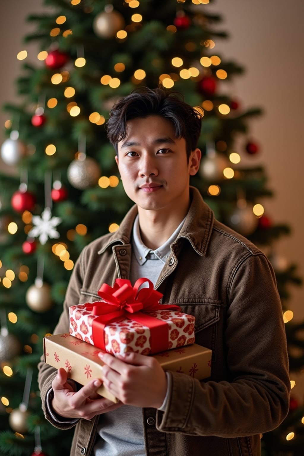 A man posing in front of a Christmas tree, holding presents, with snowflakes and festive lights in the background.