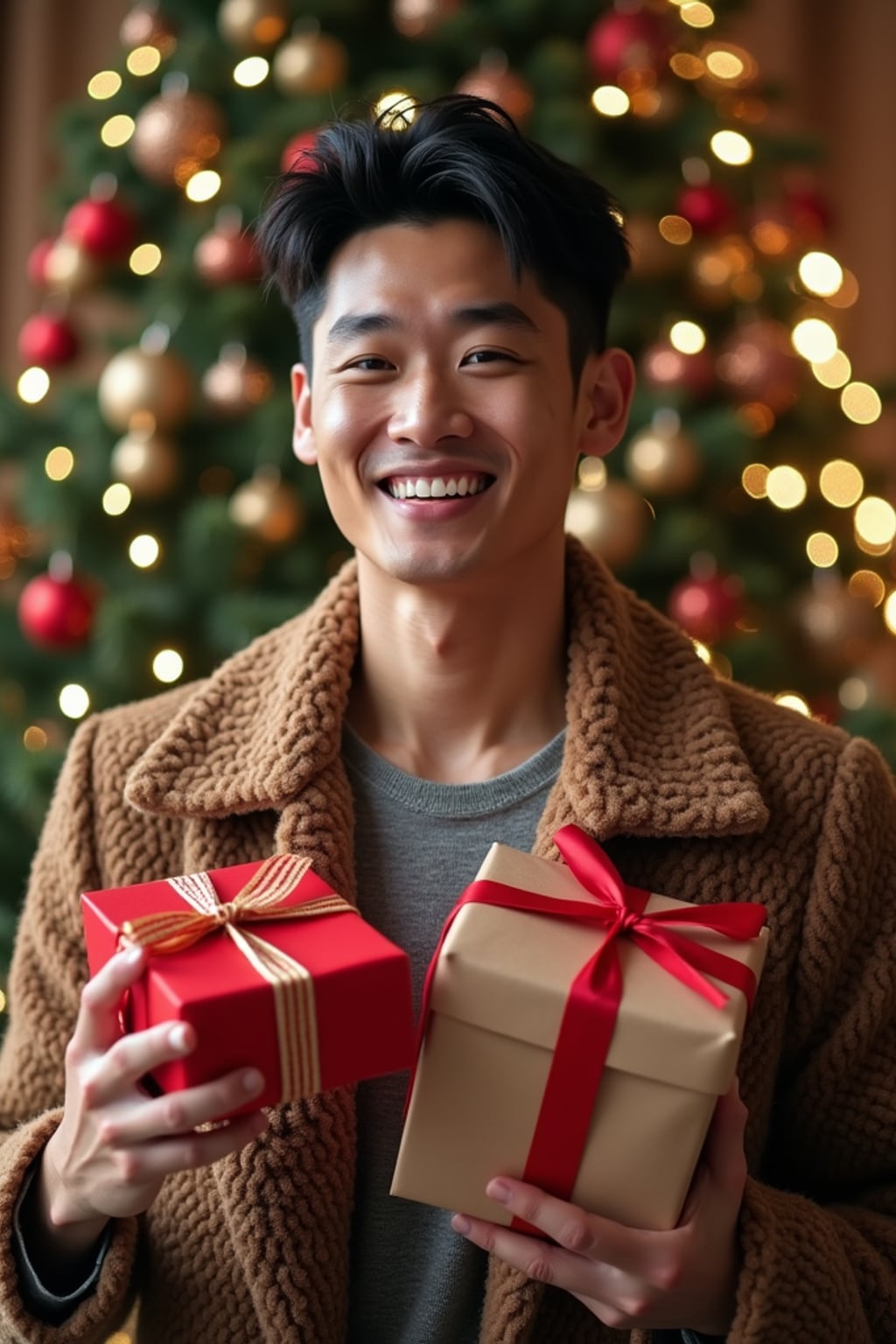 A man posing in front of a Christmas tree, holding presents, with snowflakes and festive lights in the background.
