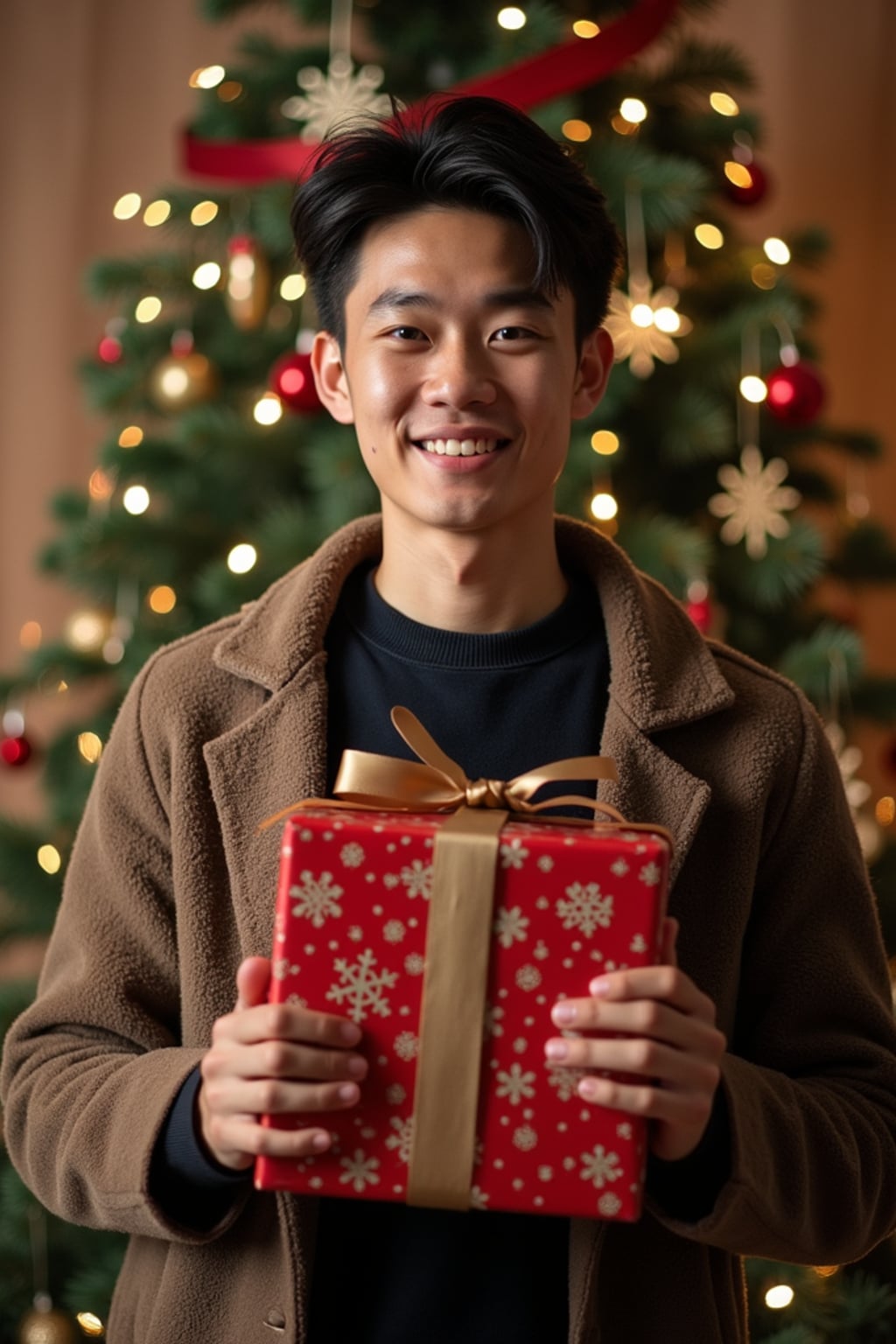 A man posing in front of a Christmas tree, holding presents, with snowflakes and festive lights in the background.