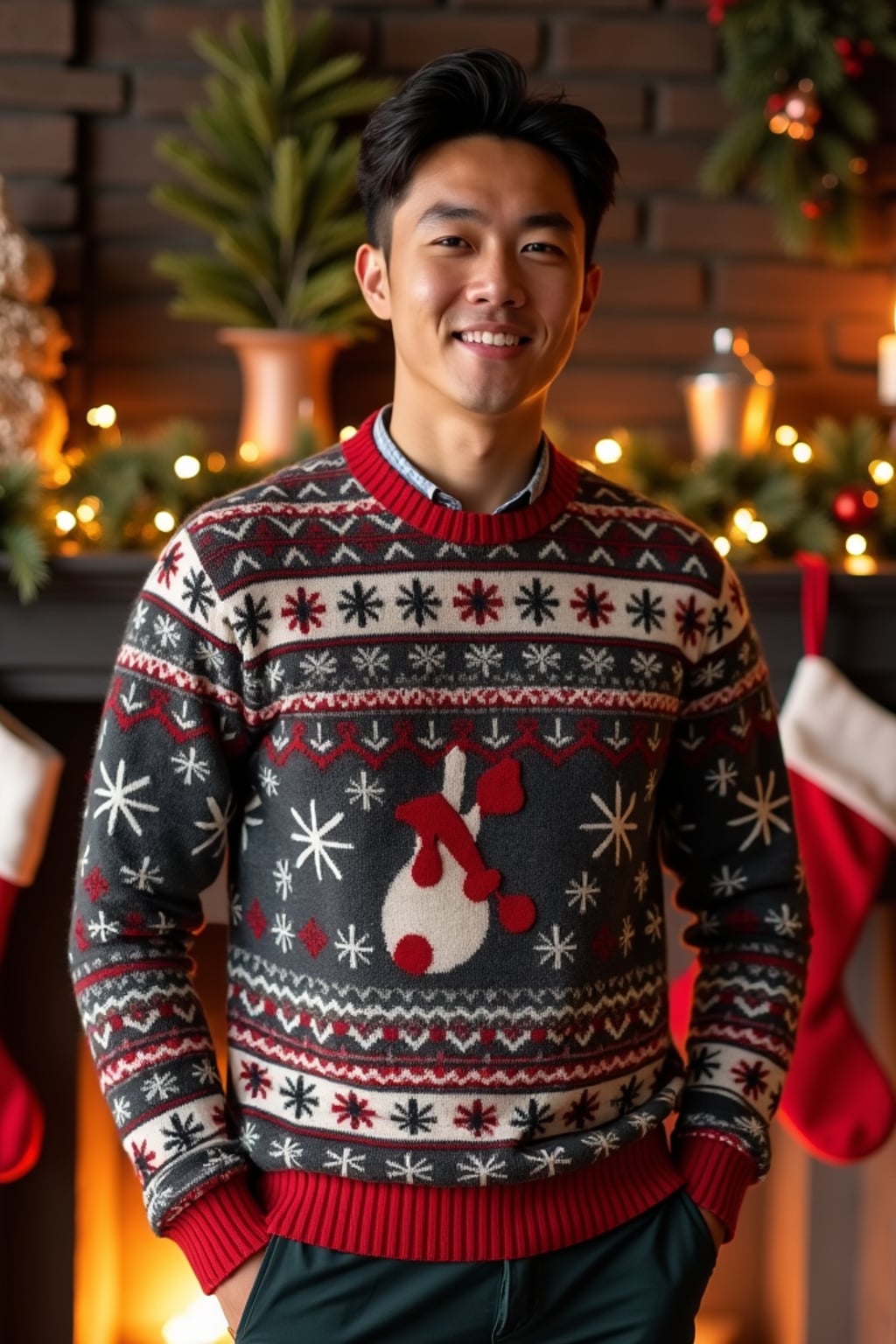 A man wearing a cozy Christmas sweater, standing by the fireplace with stockings and holiday decorations.