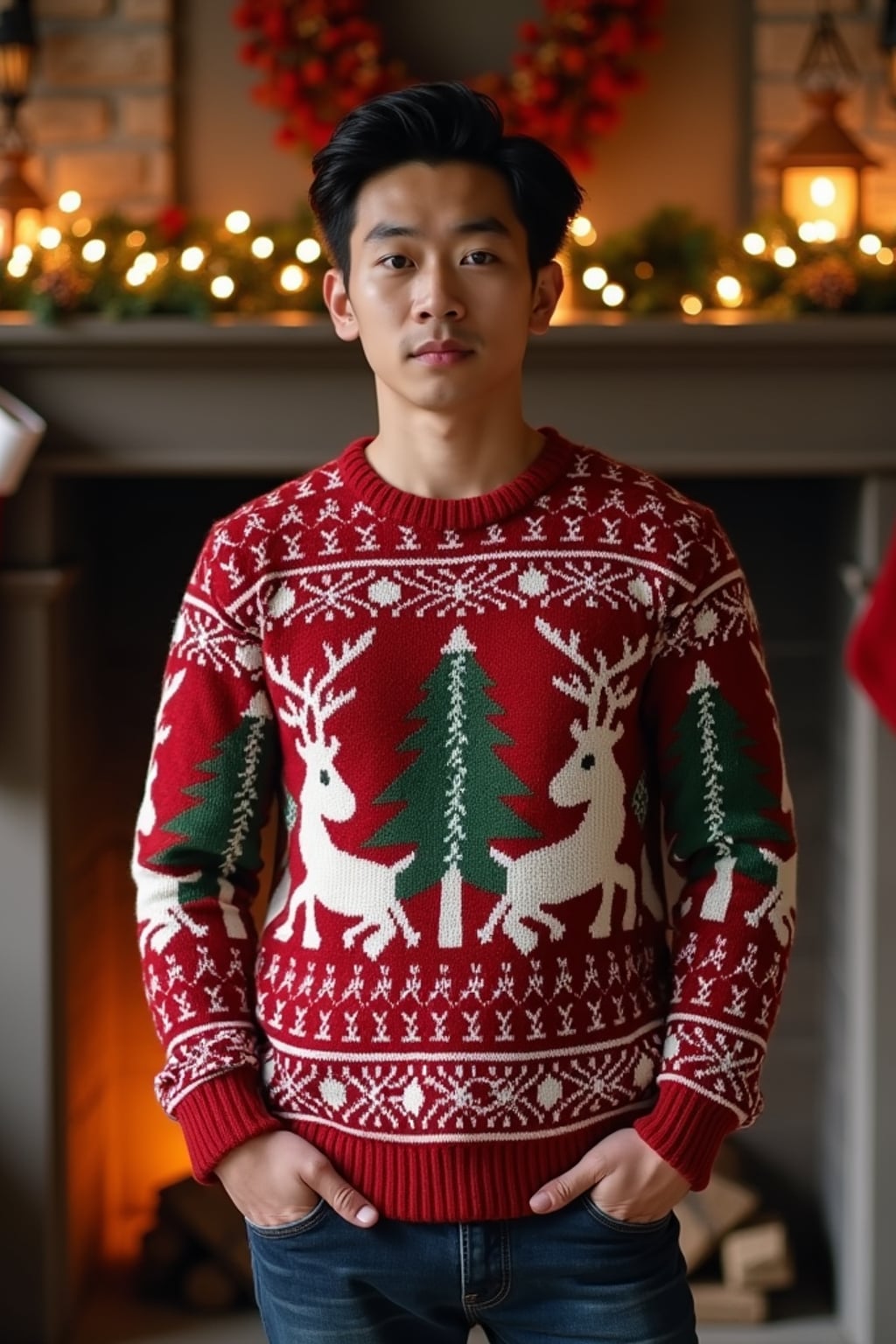 A man wearing a cozy Christmas sweater, standing by the fireplace with stockings and holiday decorations.