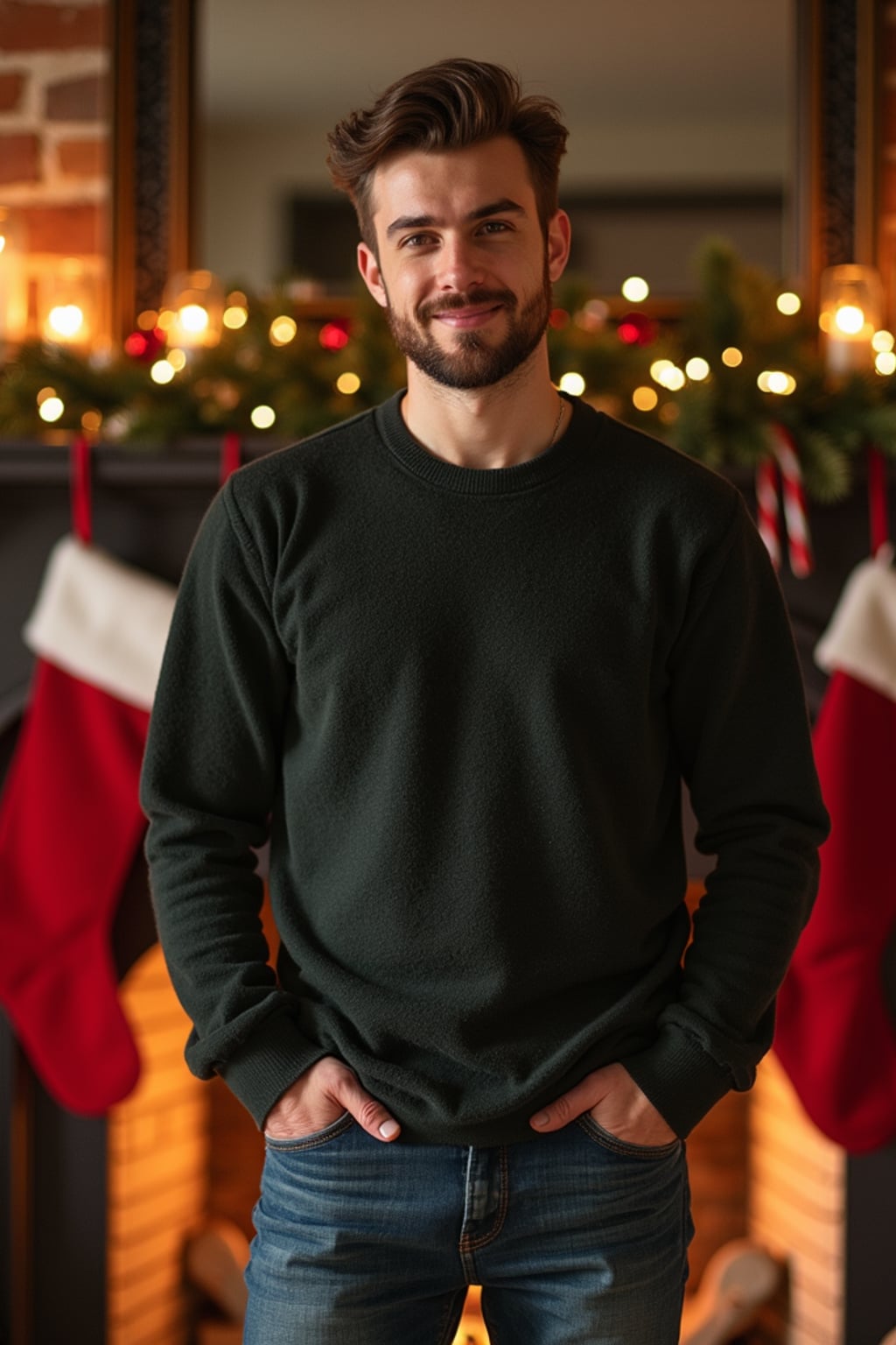 A man posing for a Christmas card photo, standing in front of a fireplace with stockings, garland, and holiday decorations.