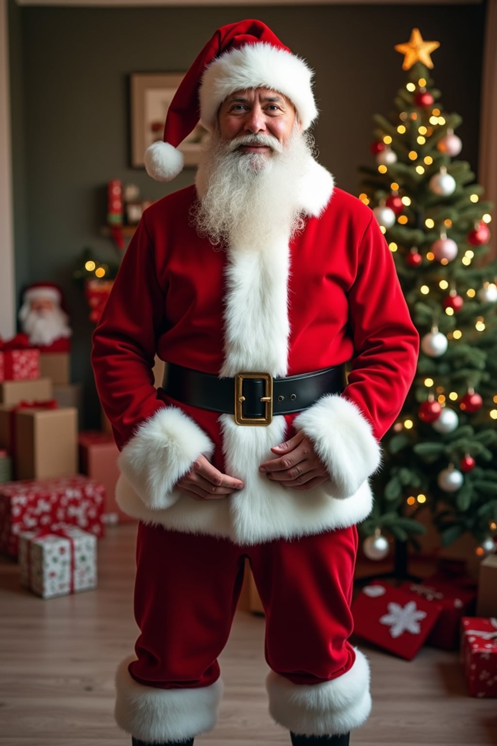 A man dressed in a classic Santa costume, standing in a room filled with holiday decorations, presents, and a Christmas tree.