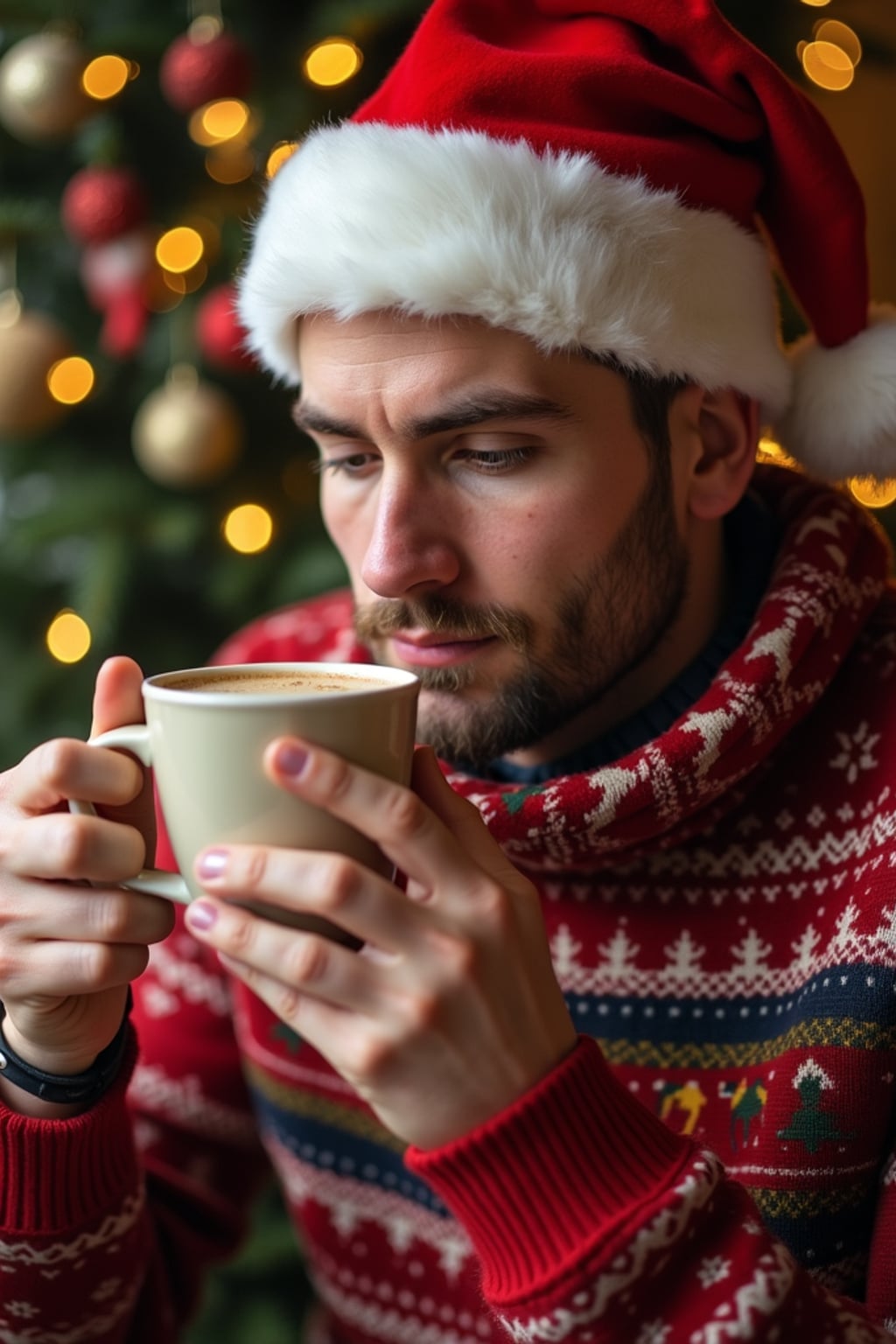 A man wearing Christmas sweaters and Santa hats, enjoying hot cocoa in front of a decorated Christmas tree.