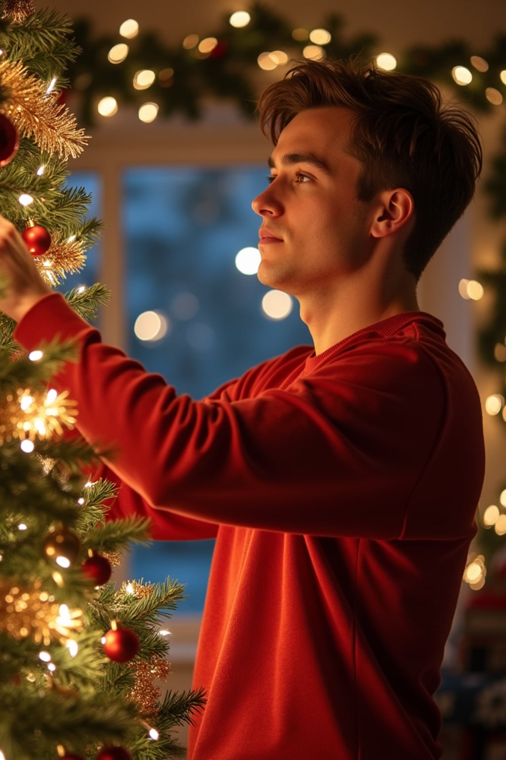 A man decorating a Christmas tree with colorful ornaments and tinsel, in a warm, festive setting.