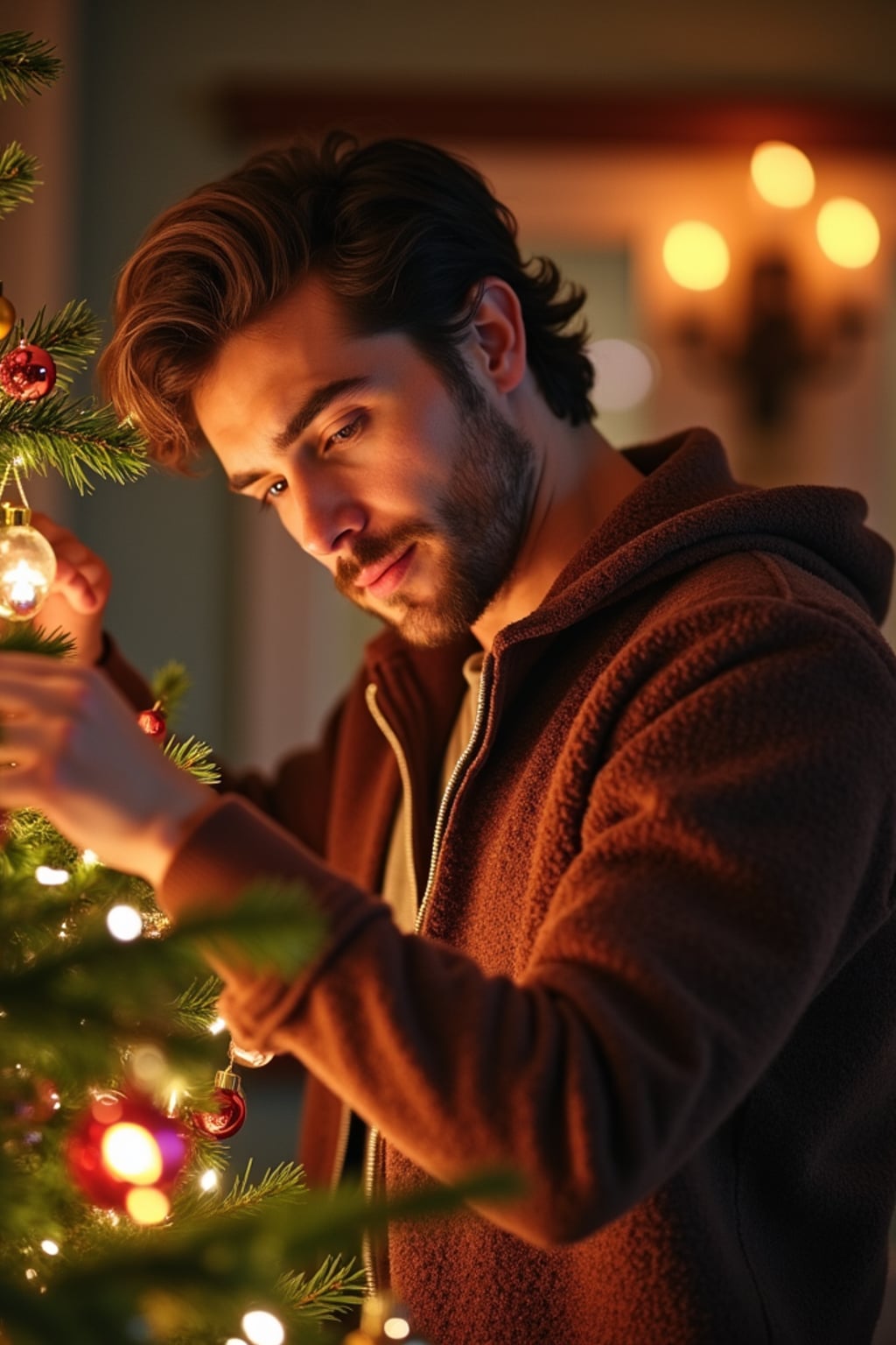 A man decorating a Christmas tree with colorful ornaments and tinsel, in a warm, festive setting.