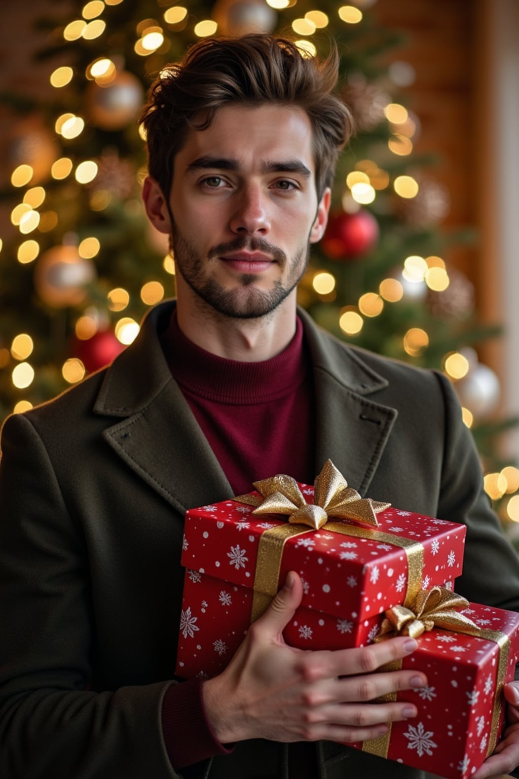 A man posing in front of a Christmas tree, holding presents, with snowflakes and festive lights in the background.