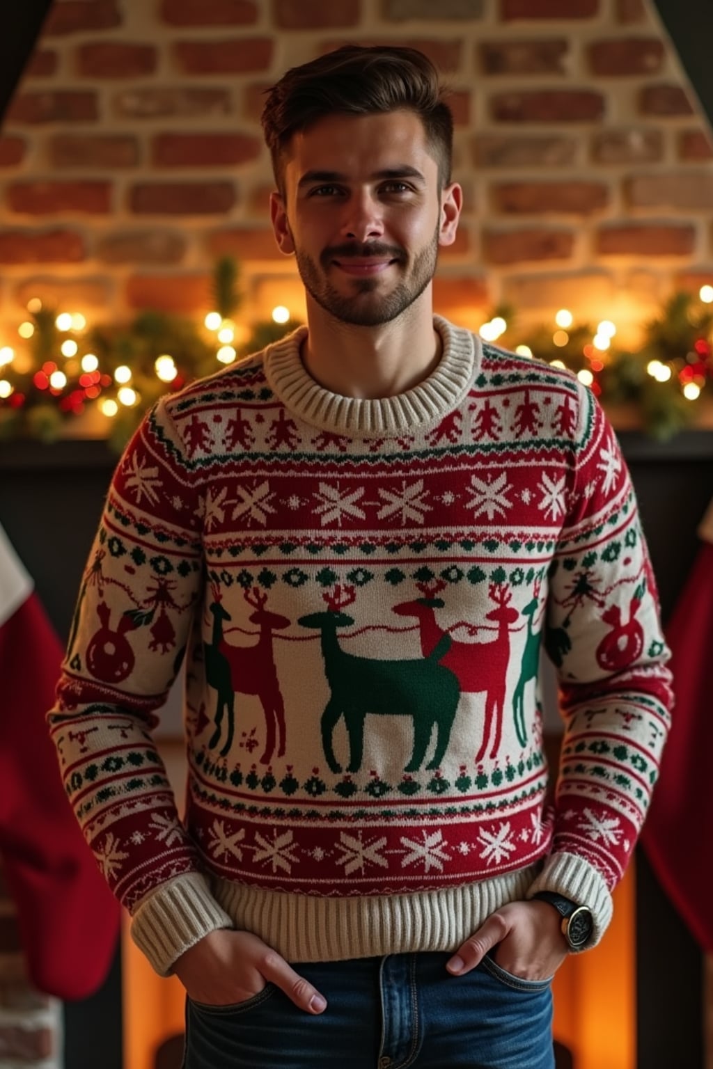 A man wearing a cozy Christmas sweater, standing by the fireplace with stockings and holiday decorations.