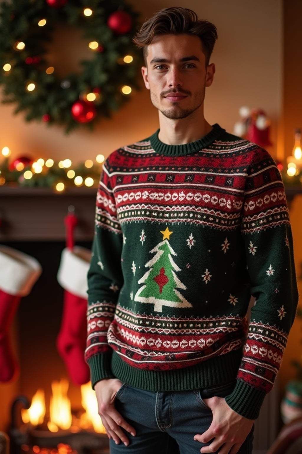 A man wearing a cozy Christmas sweater, standing by the fireplace with stockings and holiday decorations.