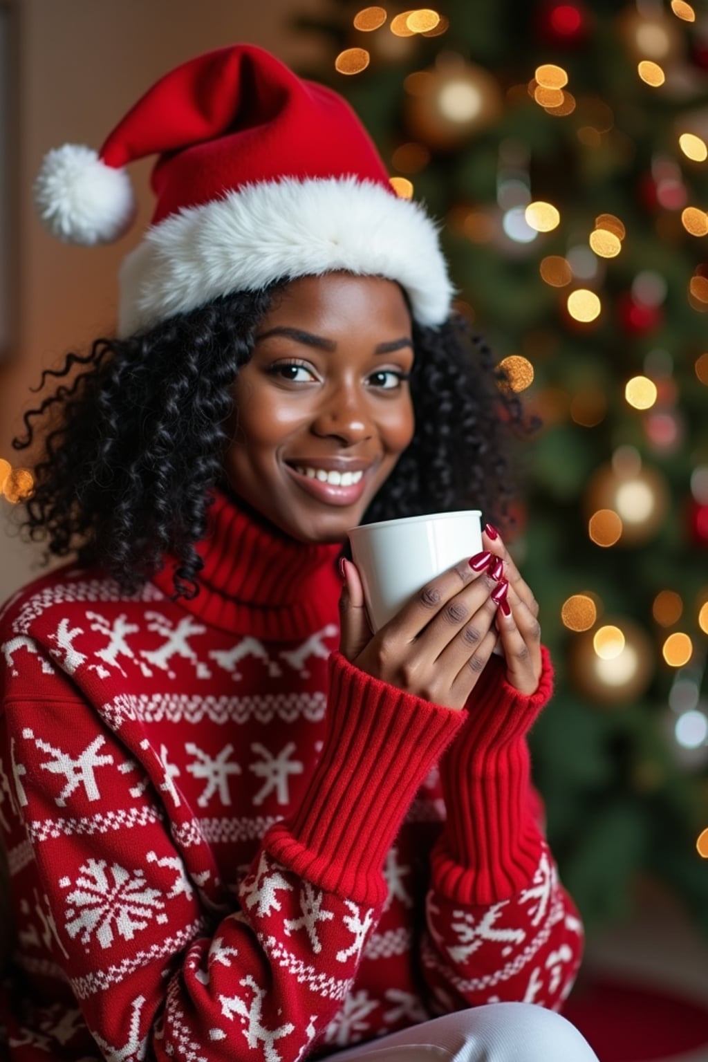 A woman wearing Christmas sweaters and Santa hats, enjoying hot cocoa in front of a decorated Christmas tree.