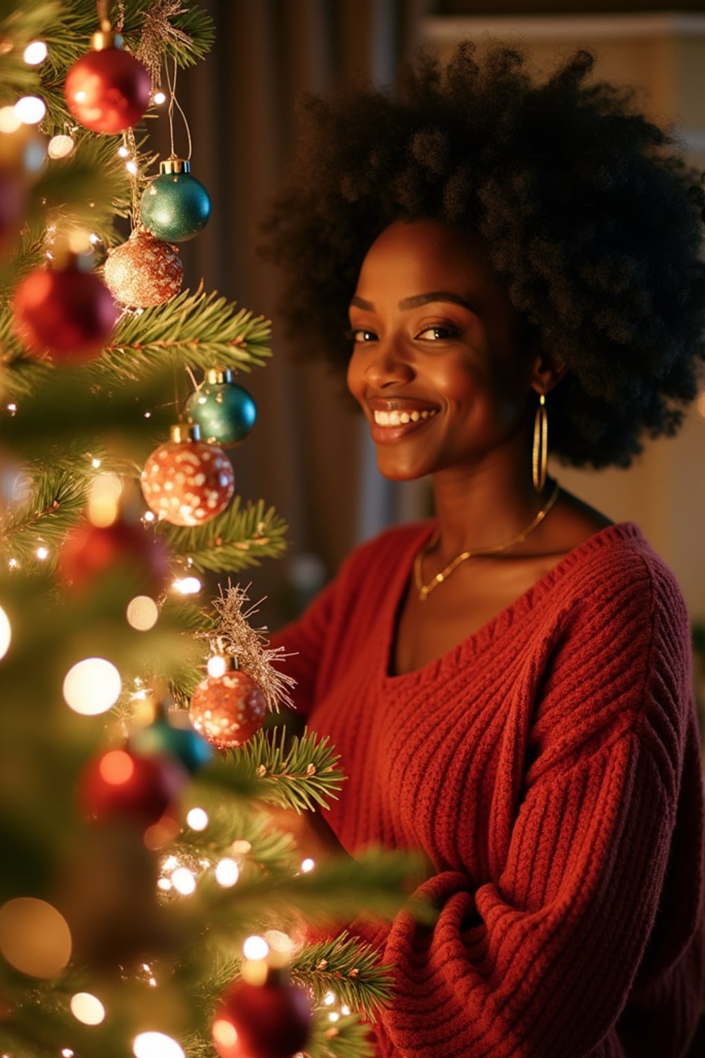 A woman decorating a Christmas tree with colorful ornaments and tinsel, in a warm, festive setting.
