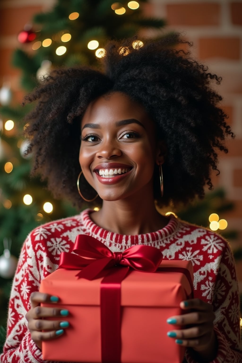 A woman posing in front of a Christmas tree, holding presents, with snowflakes and festive lights in the background.
