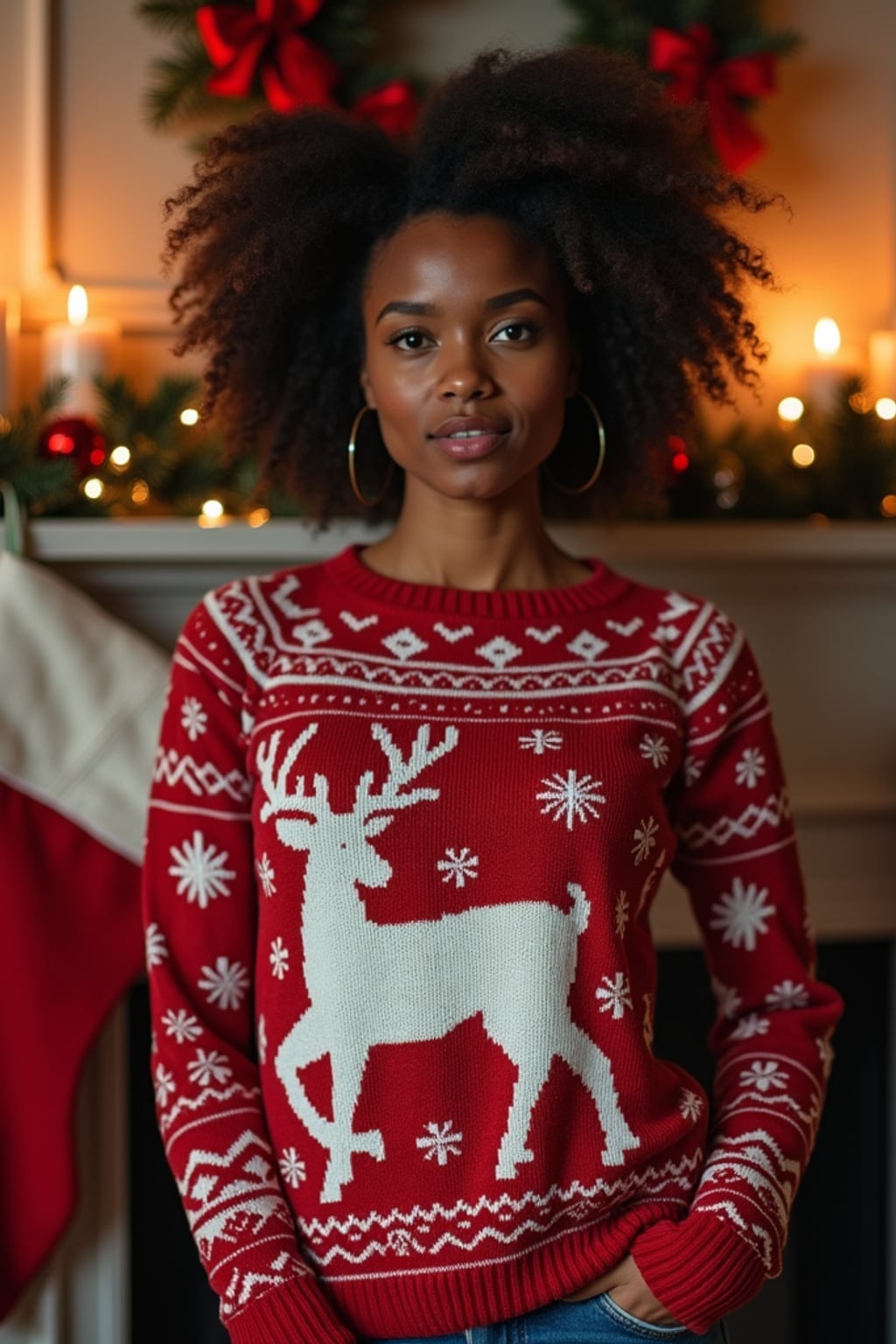 A woman wearing a cozy Christmas sweater, standing by the fireplace with stockings and holiday decorations.