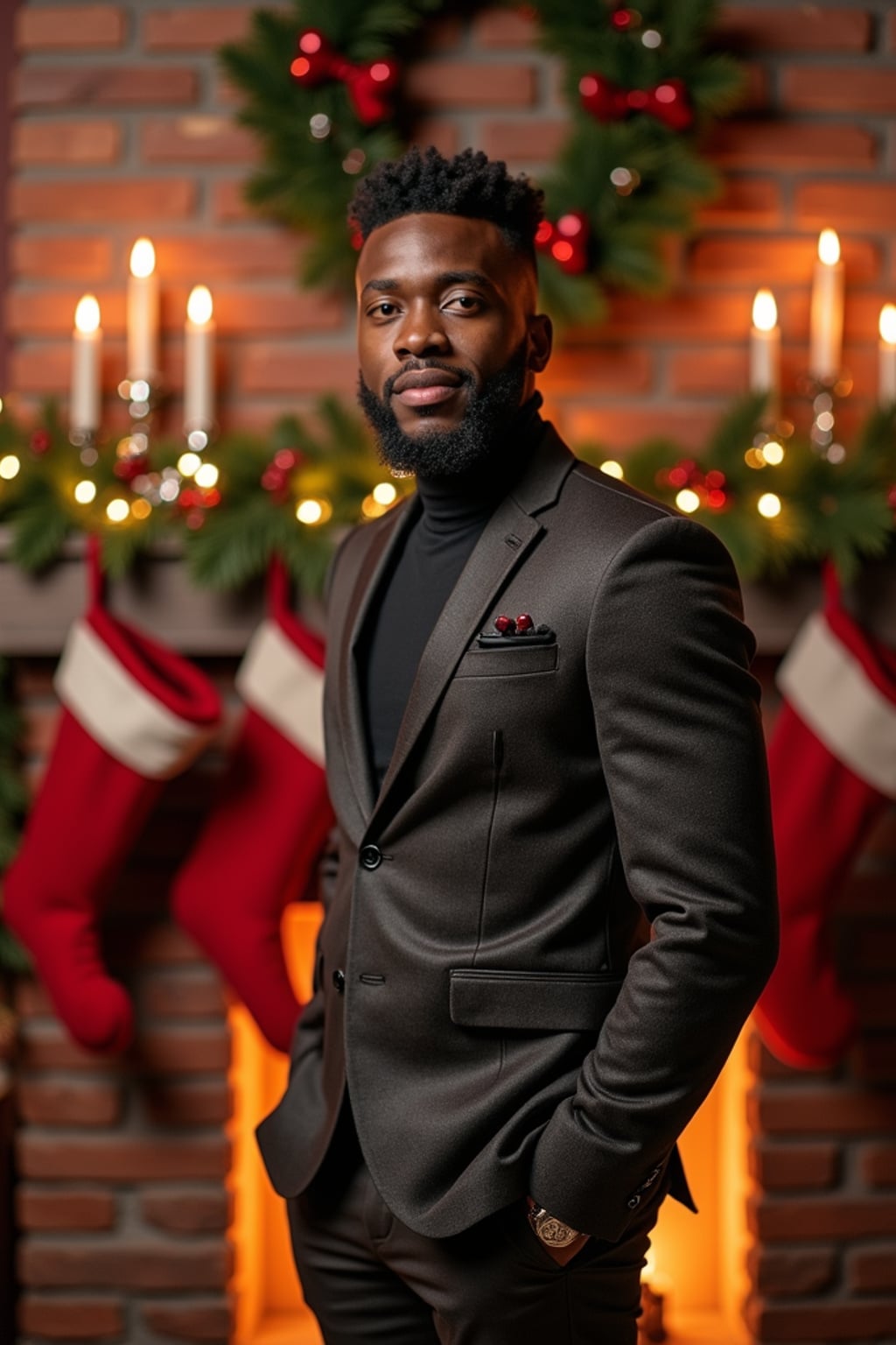 A man posing for a Christmas card photo, standing in front of a fireplace with stockings, garland, and holiday decorations.