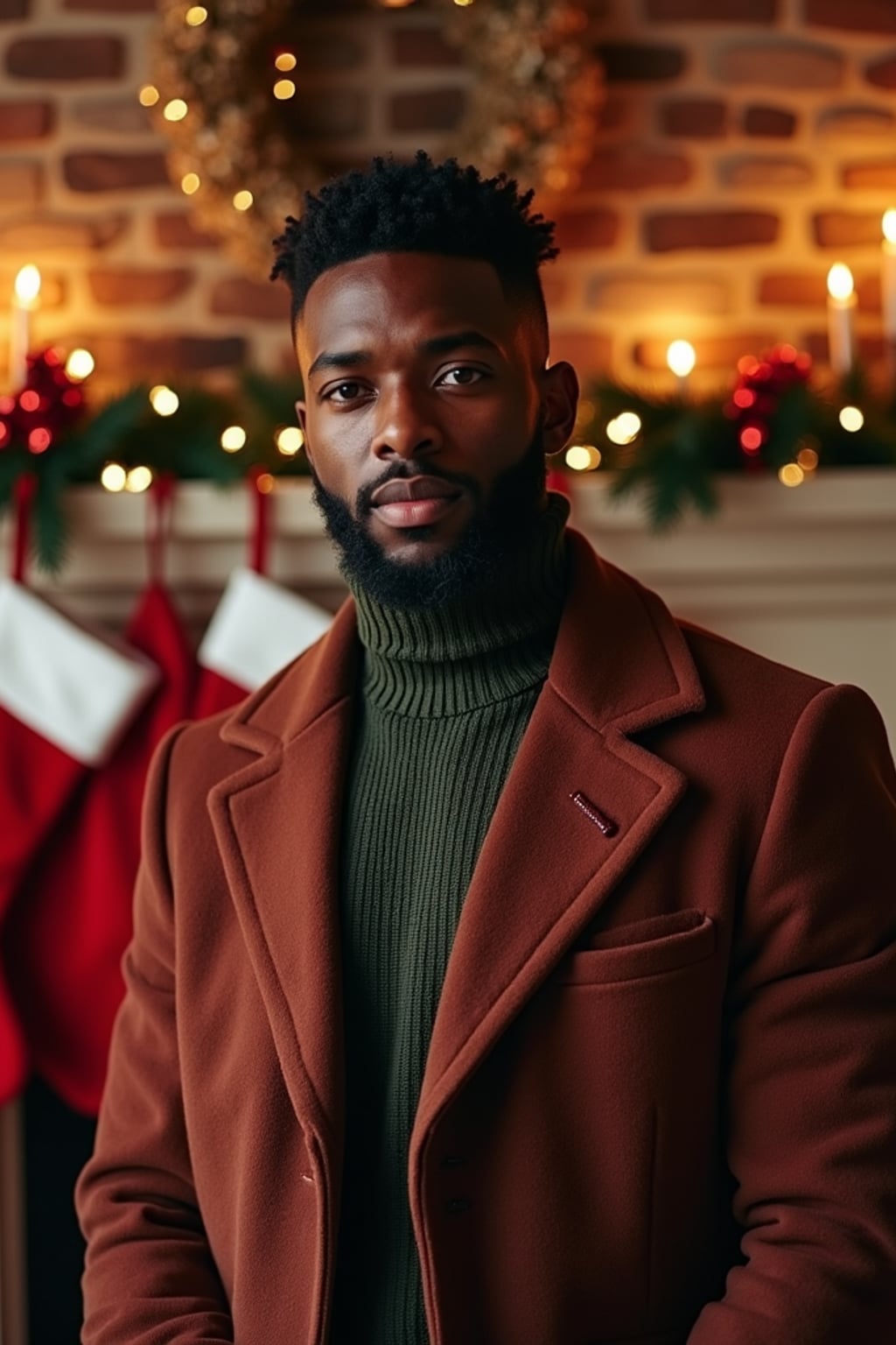 A man posing for a Christmas card photo, standing in front of a fireplace with stockings, garland, and holiday decorations.