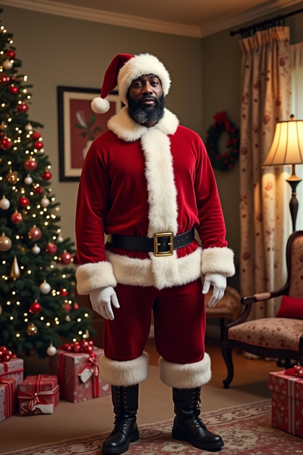 A man dressed in a classic Santa costume, standing in a room filled with holiday decorations, presents, and a Christmas tree.
