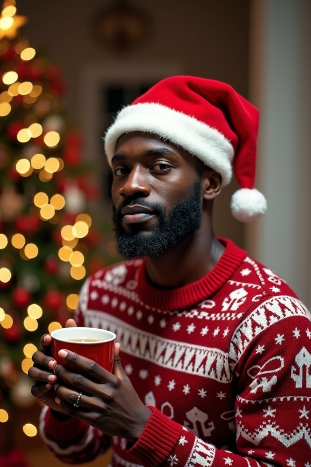 A man wearing Christmas sweaters and Santa hats, enjoying hot cocoa in front of a decorated Christmas tree.