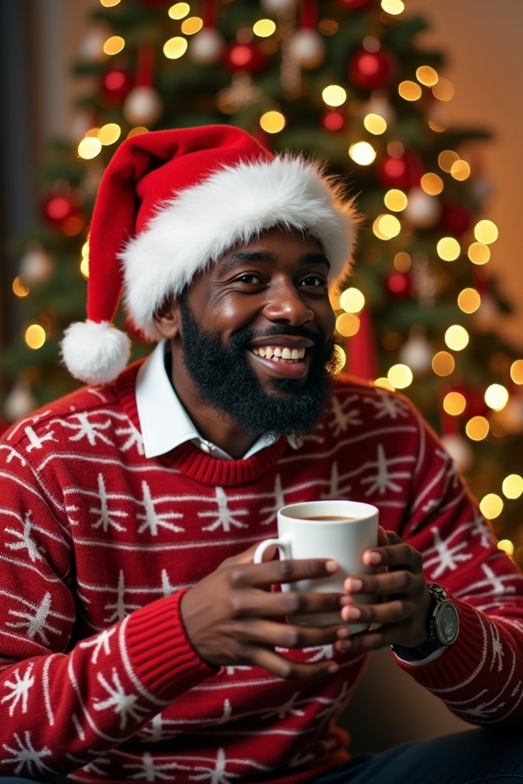 A man wearing Christmas sweaters and Santa hats, enjoying hot cocoa in front of a decorated Christmas tree.