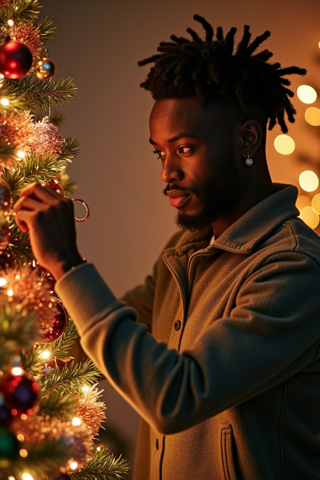 A man decorating a Christmas tree with colorful ornaments and tinsel, in a warm, festive setting.