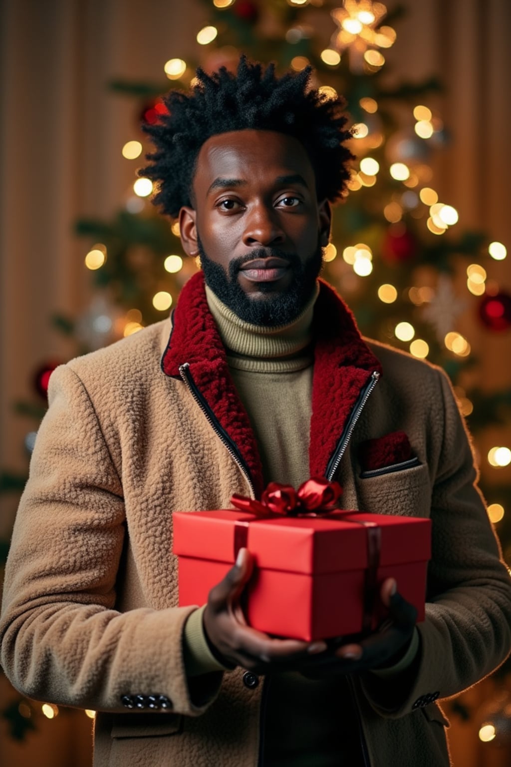 A man posing in front of a Christmas tree, holding presents, with snowflakes and festive lights in the background.
