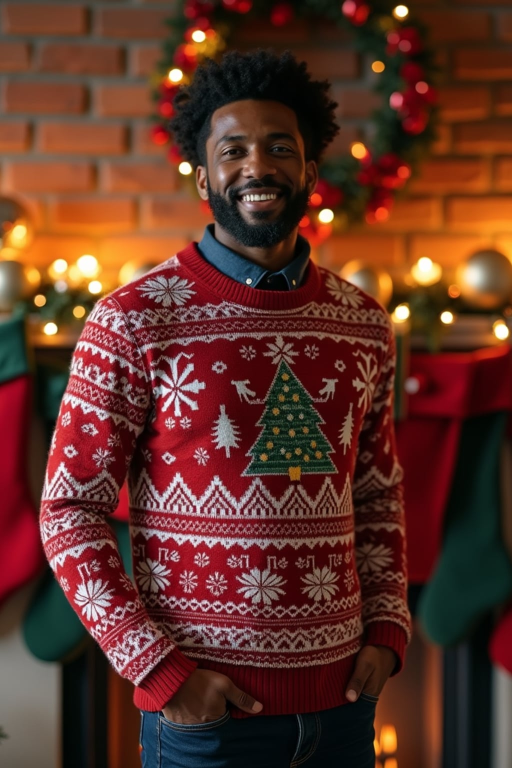 A man wearing a cozy Christmas sweater, standing by the fireplace with stockings and holiday decorations.