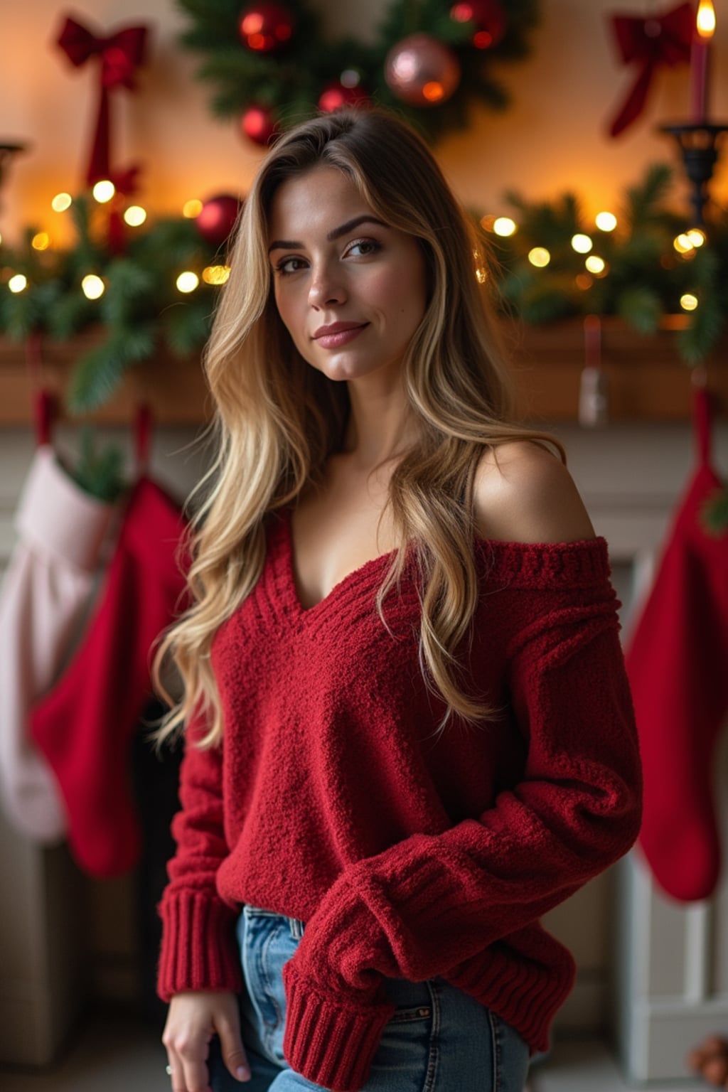 A woman posing for a Christmas card photo, standing in front of a fireplace with stockings, garland, and holiday decorations.