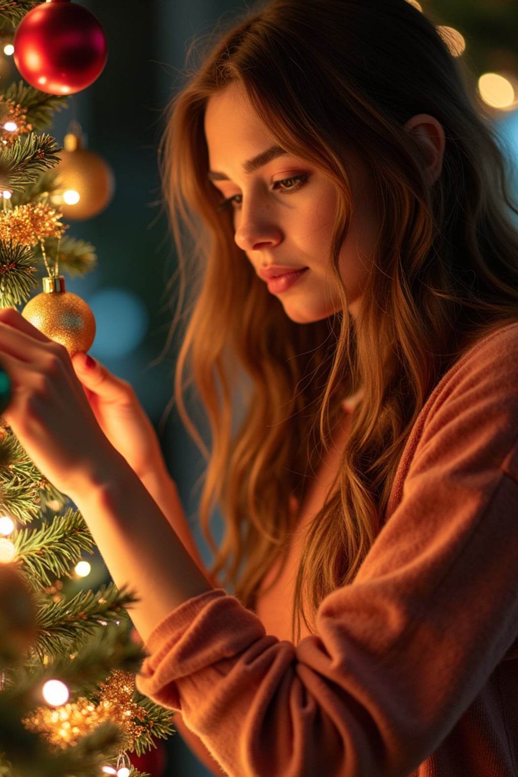 A woman decorating a Christmas tree with colorful ornaments and tinsel, in a warm, festive setting.