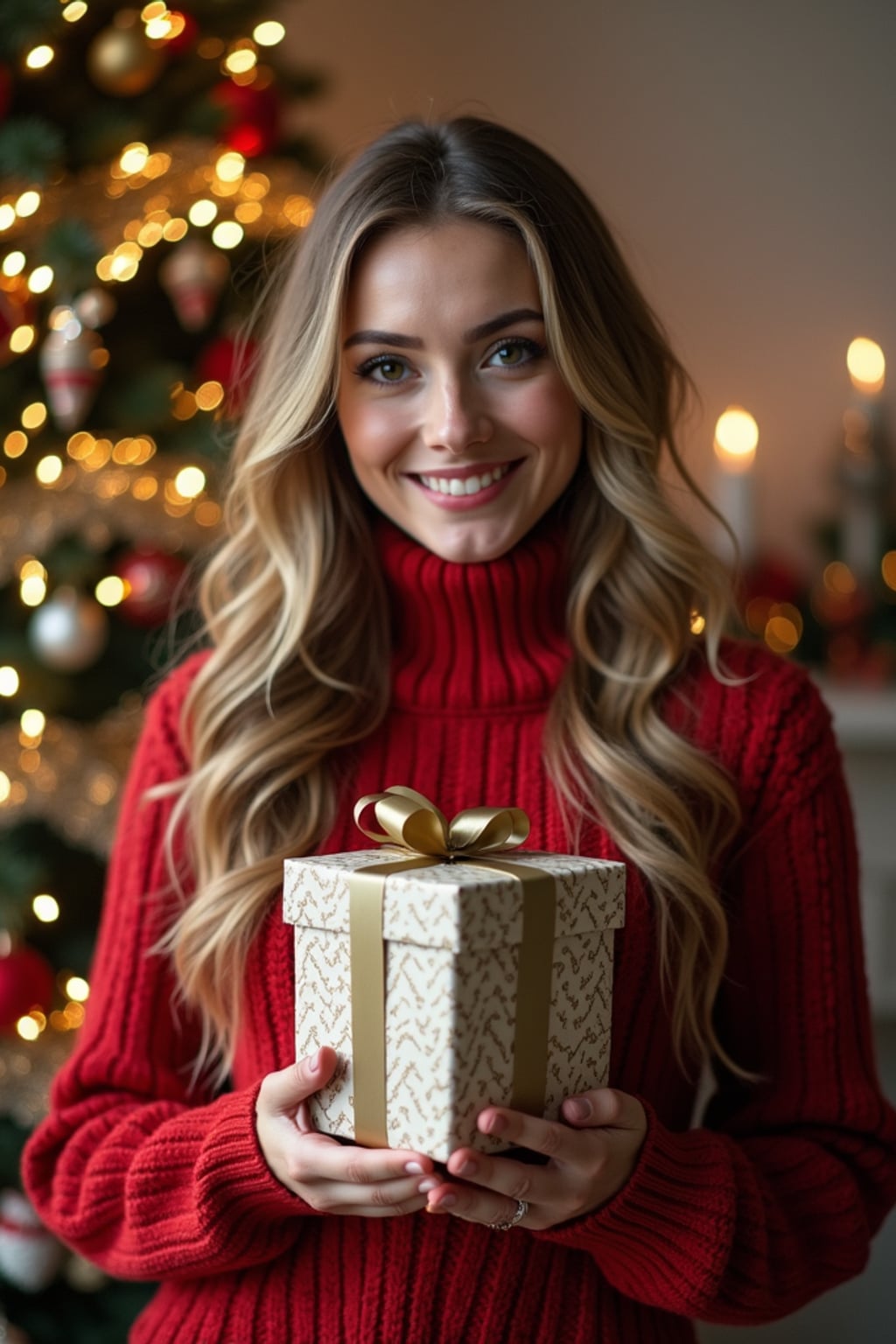 A woman posing in front of a Christmas tree, holding presents, with snowflakes and festive lights in the background.