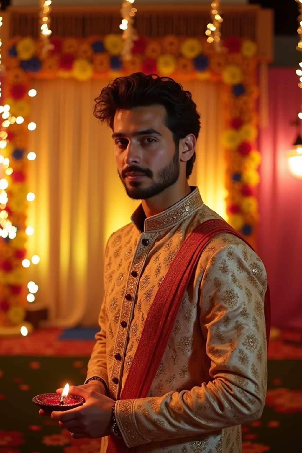 A man standing near a beautifully decorated Diwali backdrop with hanging lights, flowers, and diyas, exuding the festive spirit in a traditional dress.