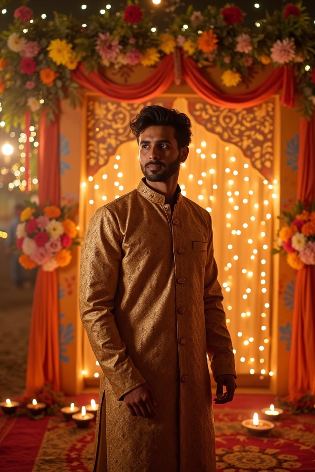 A man standing near a beautifully decorated Diwali backdrop with hanging lights, flowers, and diyas, exuding the festive spirit in a traditional dress.