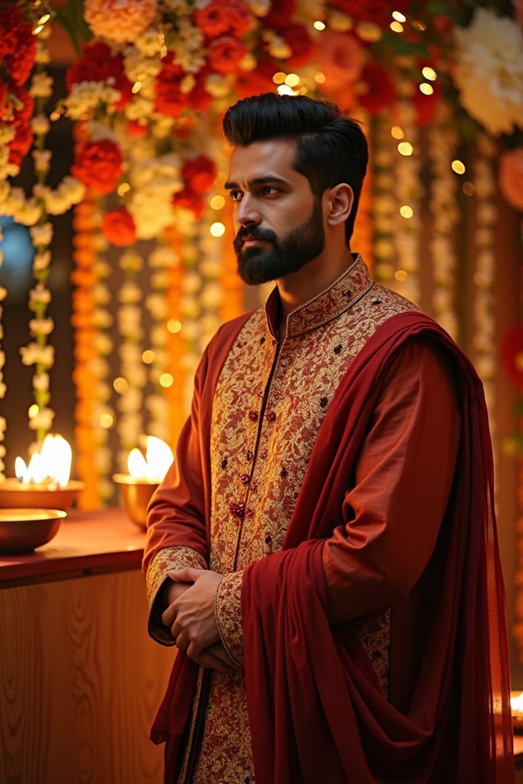 A man standing near a beautifully decorated Diwali backdrop with hanging lights, flowers, and diyas, exuding the festive spirit in a traditional dress.