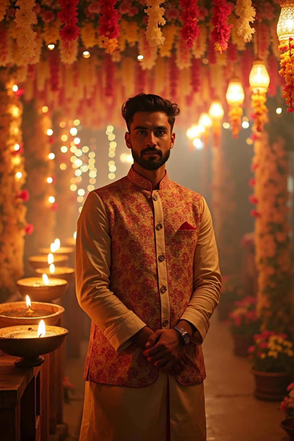 A man standing near a beautifully decorated Diwali backdrop with hanging lights, flowers, and diyas, exuding the festive spirit in a traditional dress.