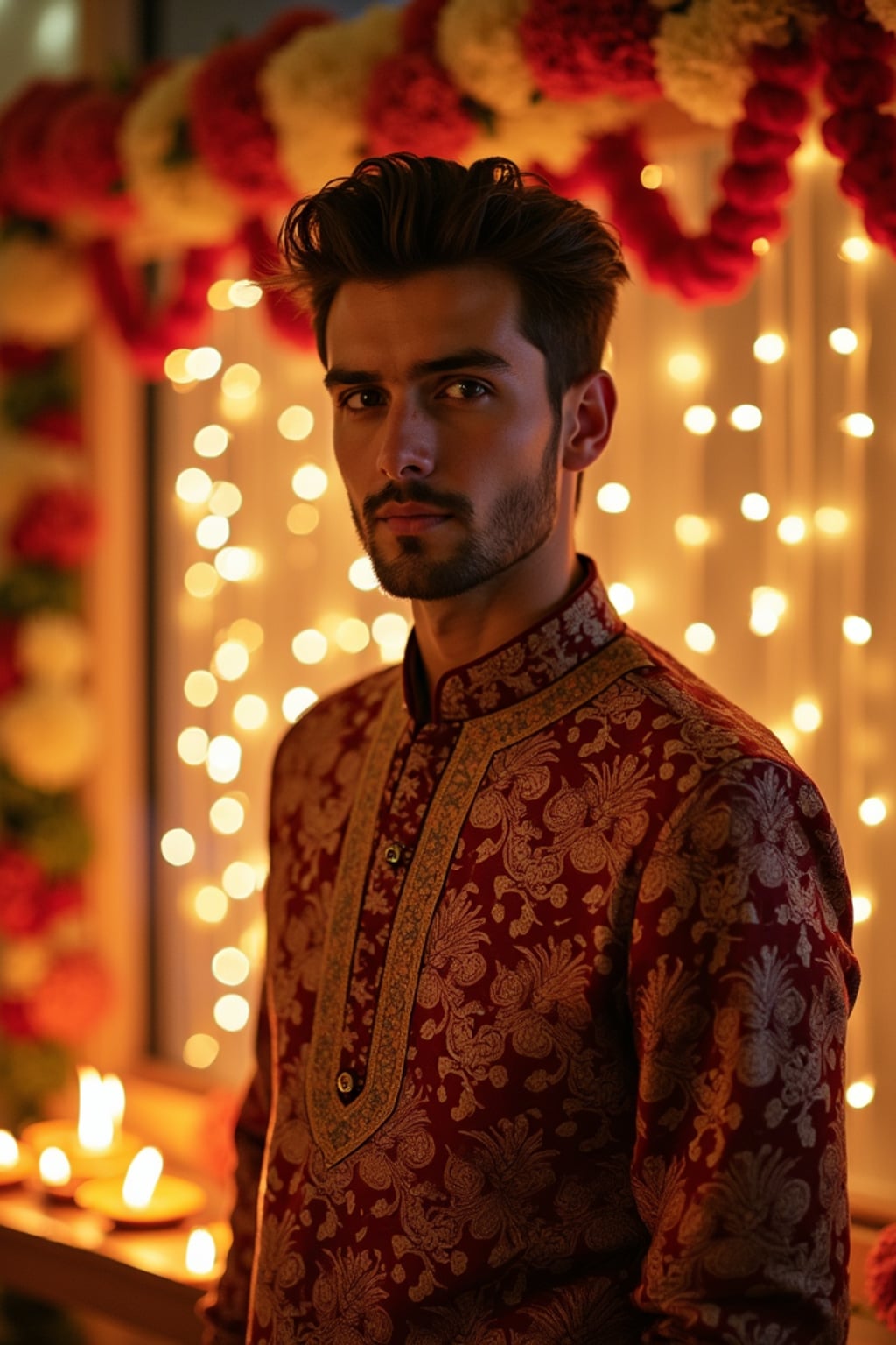 A man standing near a beautifully decorated Diwali backdrop with hanging lights, flowers, and diyas, exuding the festive spirit in a traditional dress.