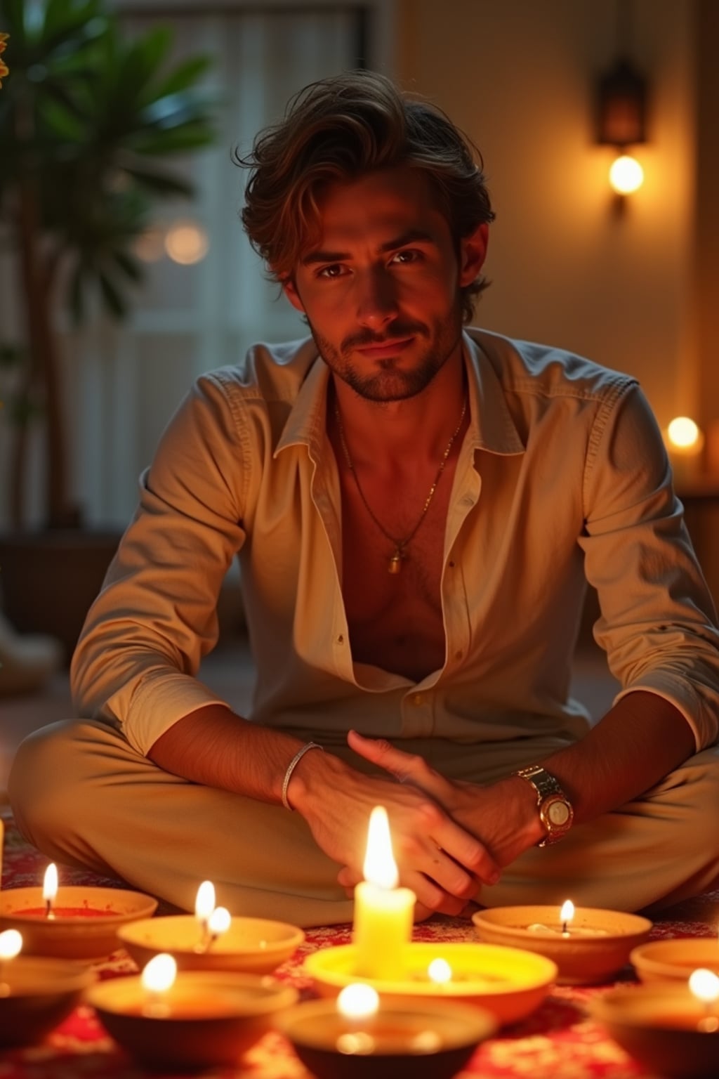 A photo with a man posing around a decorated puja area, with candles, diyas, and traditional Indian sweets on display.