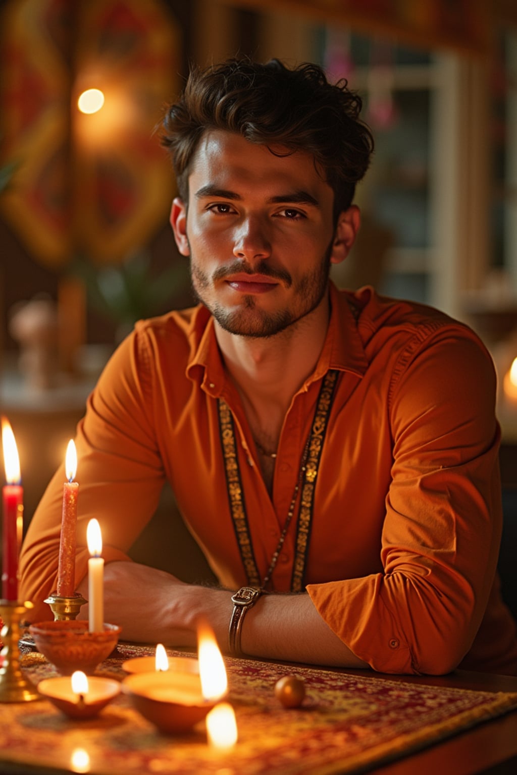 A photo with a man posing around a decorated puja area, with candles, diyas, and traditional Indian sweets on display.