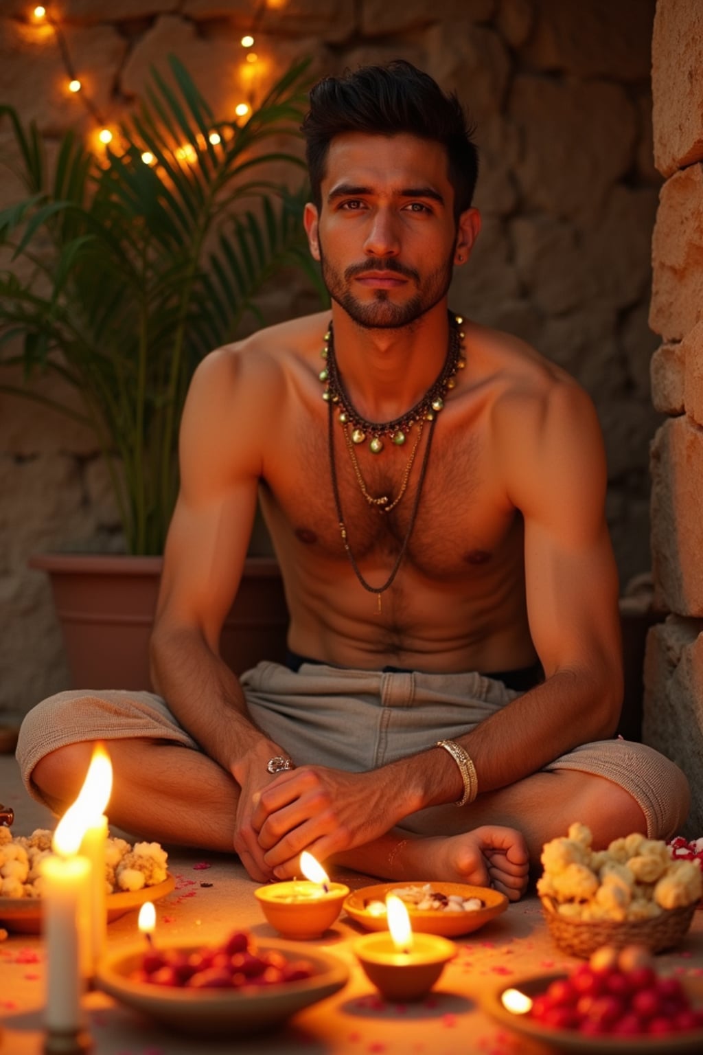 A photo with a man posing around a decorated puja area, with candles, diyas, and traditional Indian sweets on display.