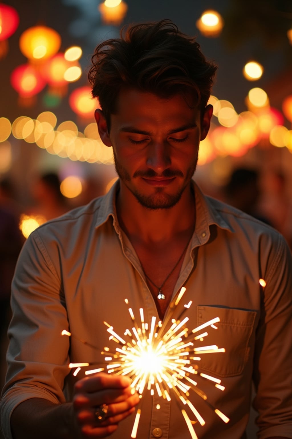 A man lighting sparklers outdoors in a vibrant setting with Diwali decorations like string lights and lanterns.