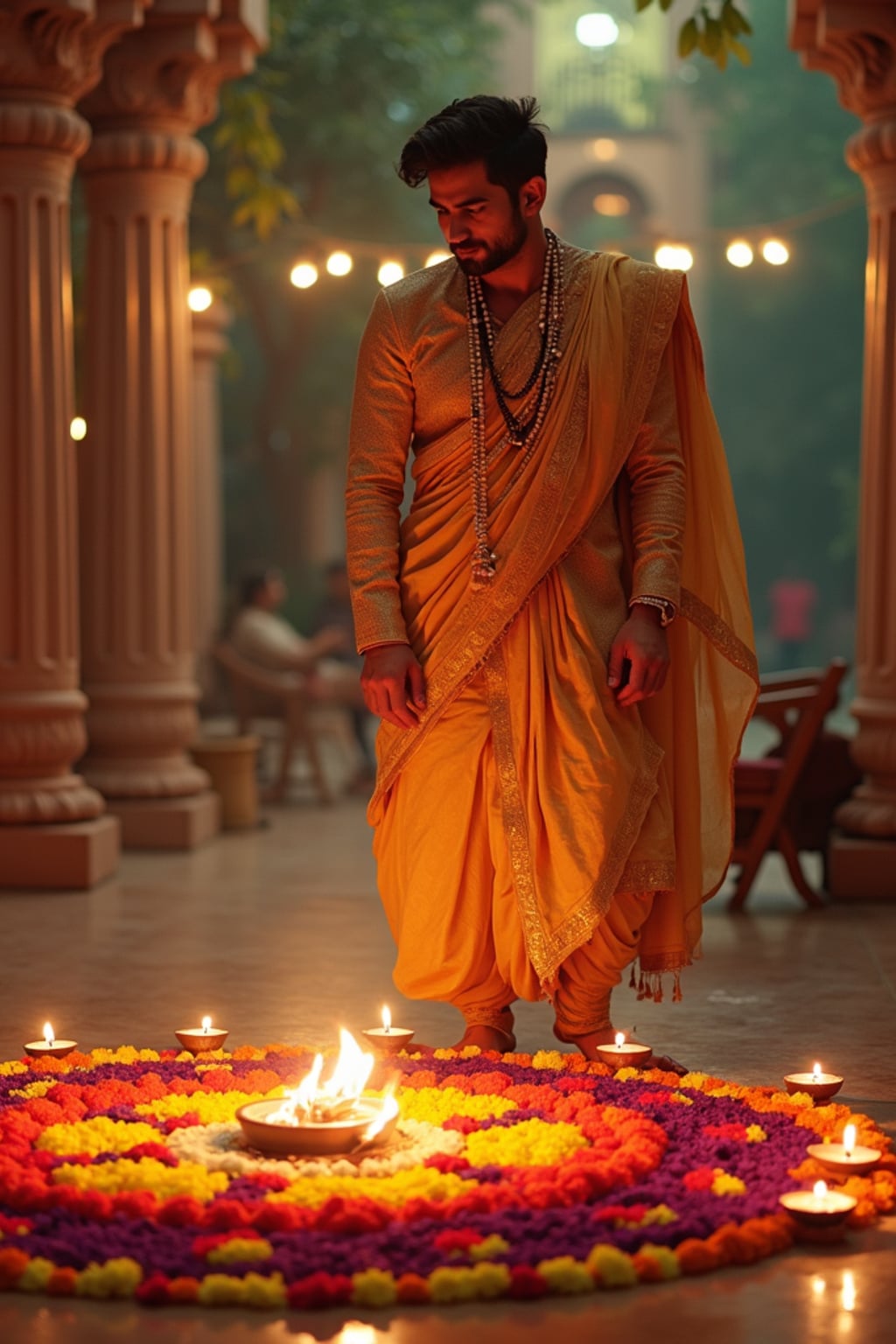 A man wearing a traditional Indian outfit like a sari or kurta, standing beside a rangoli made of colorful flowers and lit diyas, with a festive backdrop.