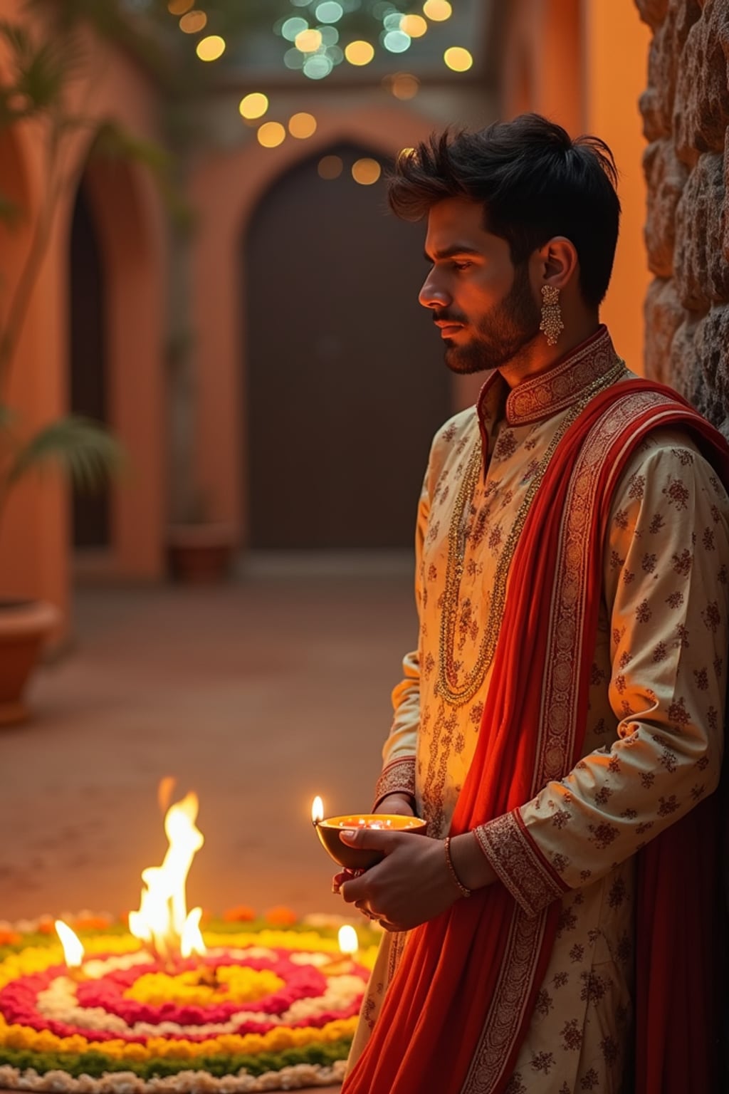 A man wearing a traditional Indian outfit like a sari or kurta, standing beside a rangoli made of colorful flowers and lit diyas, with a festive backdrop.
